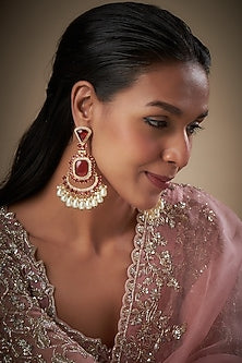 Gold Finish Zircon & Red Stone Dangler Earrings