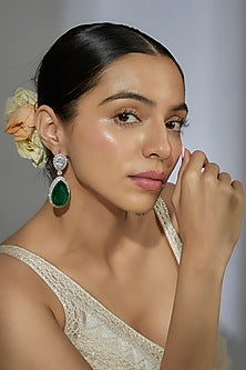 White Finish Zircon & Emerald Stone Dangler Earrings