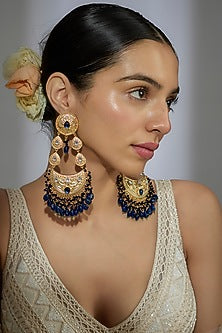 Gold Finish Kundan Polki & Blue Stone Dangler Earrings