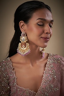 Gold Finish Kundan Polki & Purple Stone Dangler Earrings