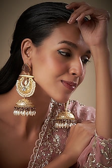Gold Finish Kundan Polki & Pearl Dangler Earrings
