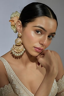 Gold Finish Kundan Polki & Pearl Dangler Earrings