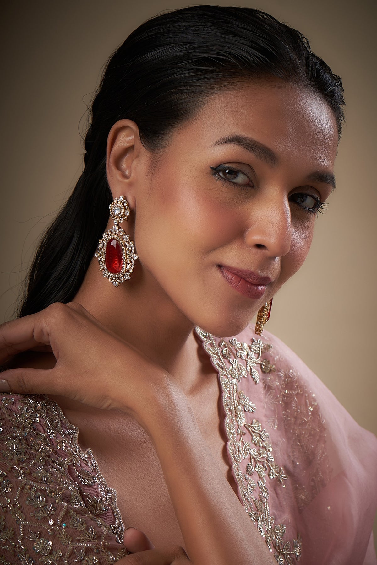 Gold Finish Zircon & Red Stone Dangler Earrings