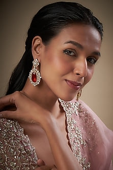 Gold Finish Zircon & Red Stone Dangler Earrings