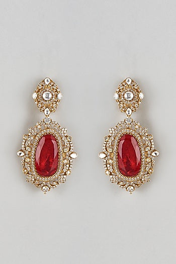 Gold Finish Zircon & Red Stone Dangler Earrings