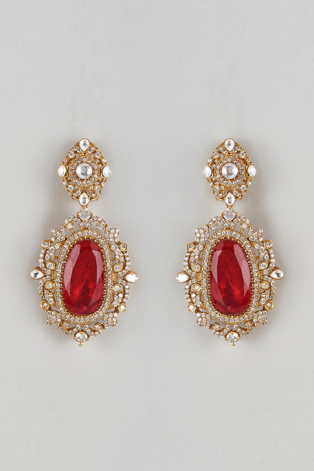 Gold Finish Zircon & Red Stone Dangler Earrings