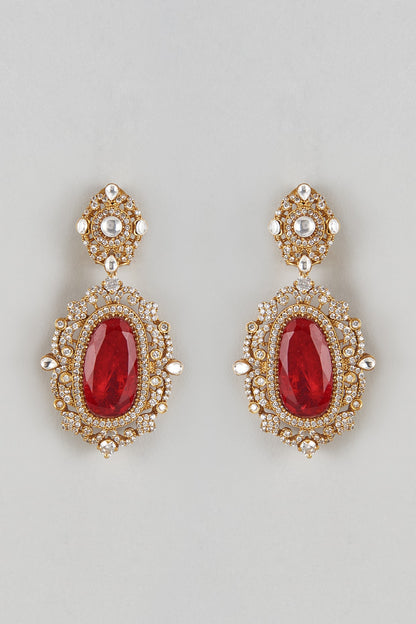 Gold Finish Zircon & Red Stone Dangler Earrings
