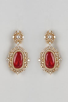 Gold Finish Zircon & Red Stone Dangler Earrings