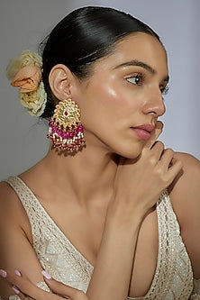 Gold Finish Kundan Polki & Hot Pink Beaded Dangler Earrings