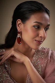 Gold Finish Zircon & Red Stone Dangler Earrings