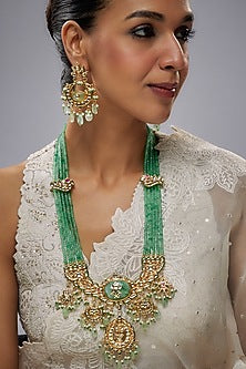 Gold Finish Mint Green & Red Stone Long Necklace Set