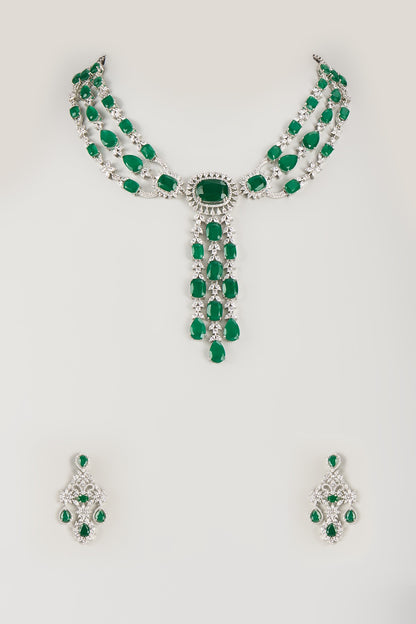 Silver Finish Emerald Synthetic & Zircon Necklace Set