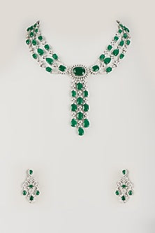 Silver Finish Emerald Synthetic & Zircon Necklace Set