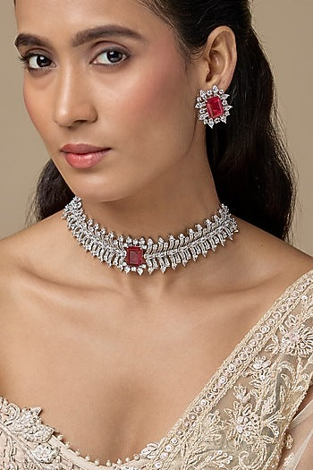 Silver Finish Ruby & Zircon Choker Necklace Set