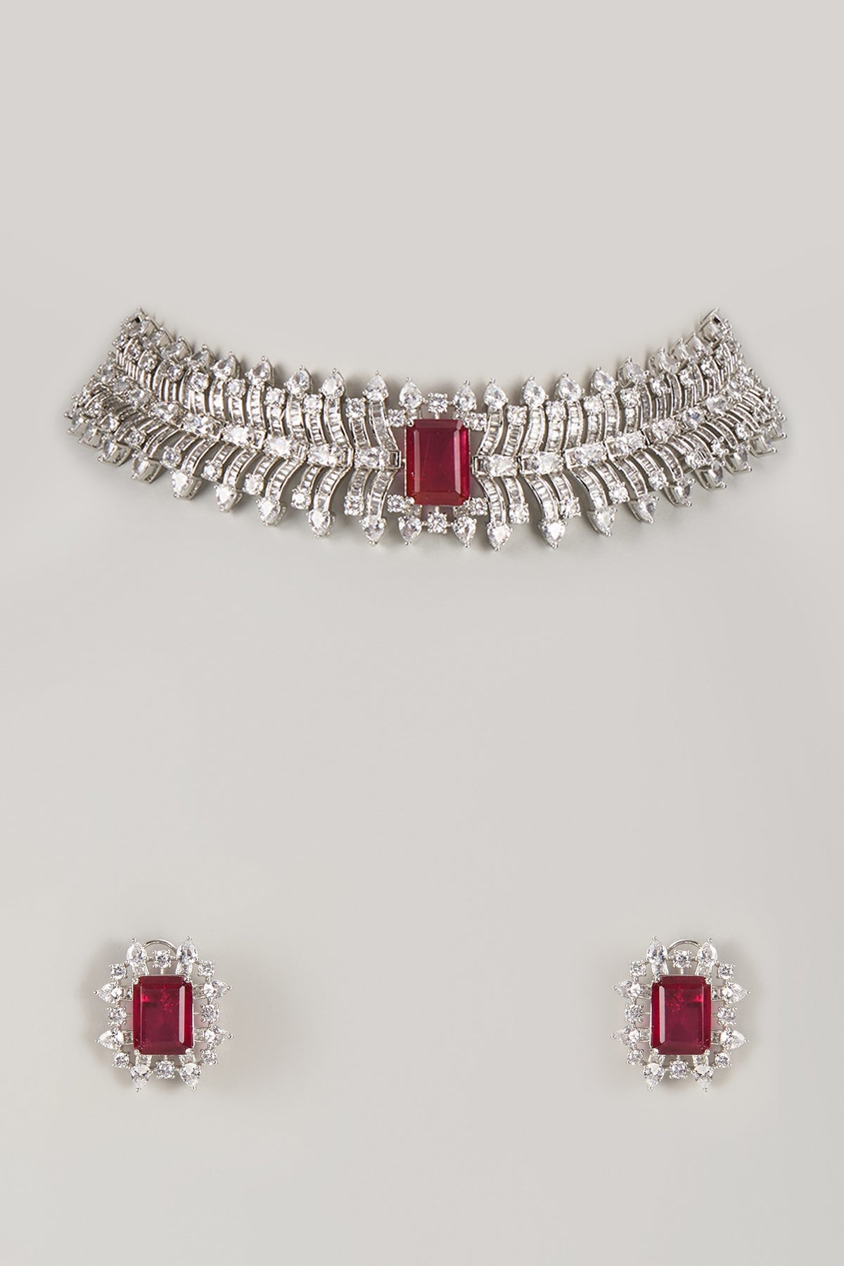 Silver Finish Ruby & Zircon Choker Necklace Set