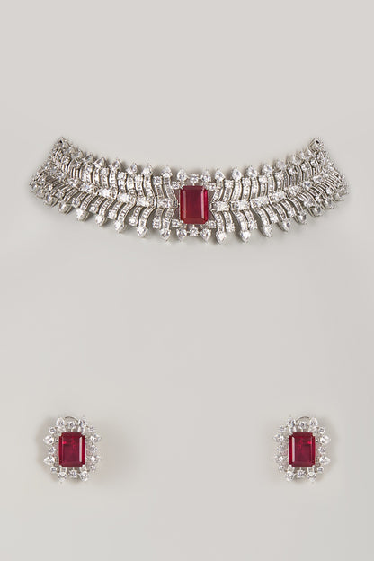 Silver Finish Ruby & Zircon Choker Necklace Set