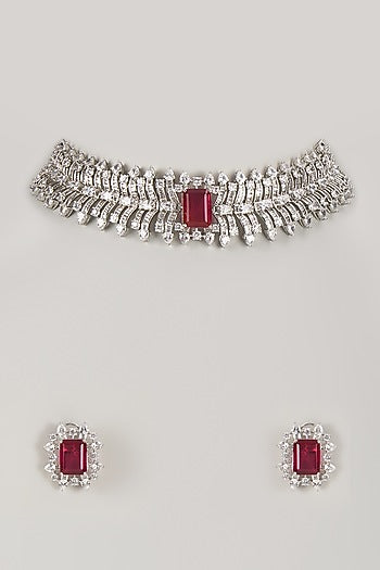 Silver Finish Ruby & Zircon Choker Necklace Set