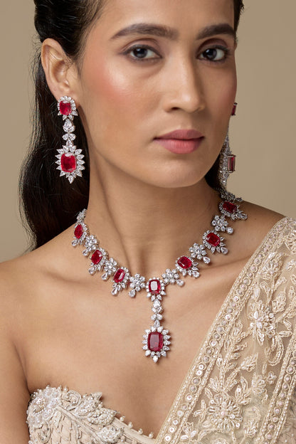 Silver Finish Ruby & Zircon Long Necklace Set
