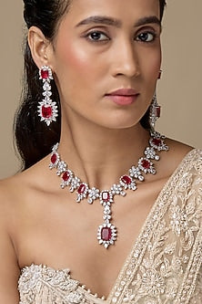 Silver Finish Ruby & Zircon Long Necklace Set