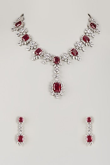 Silver Finish Ruby & Zircon Long Necklace Set