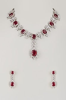 Silver Finish Ruby & Zircon Long Necklace Set