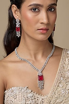 Silver Finish Ruby & Zircon Long Necklace Set
