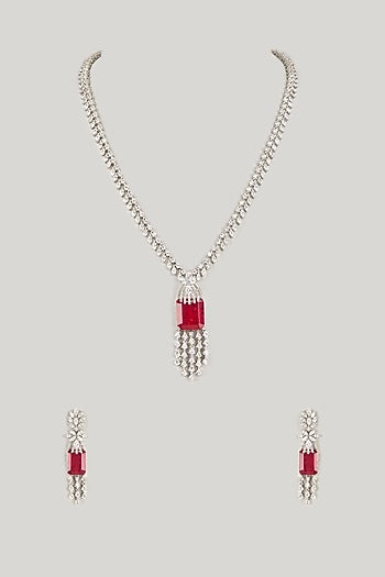 Silver Finish Ruby & Zircon Long Necklace Set
