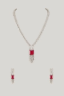 Silver Finish Ruby & Zircon Long Necklace Set
