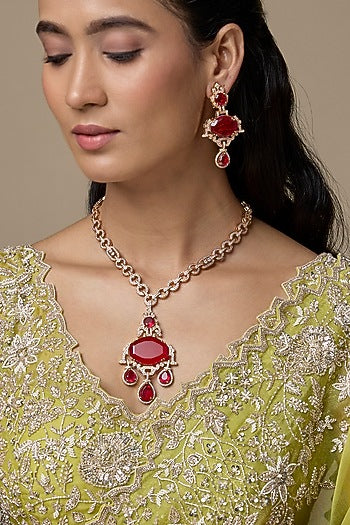 Gold Finish Ruby & Zircon Long Necklace Set