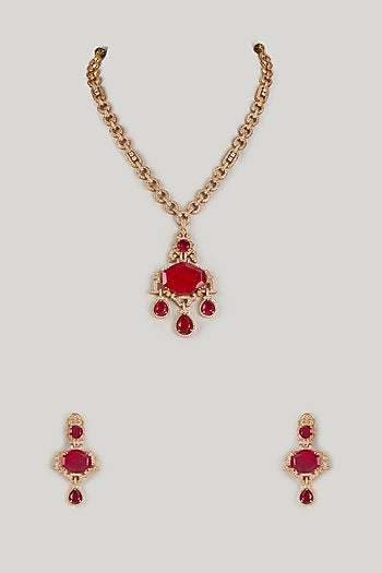 Gold Finish Ruby & Zircon Long Necklace Set