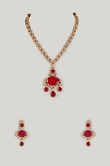 Gold Finish Ruby & Zircon Long Necklace Set