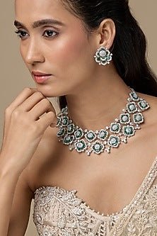 Silver Finish Emerald Stone & Zircon Choker Necklace Set