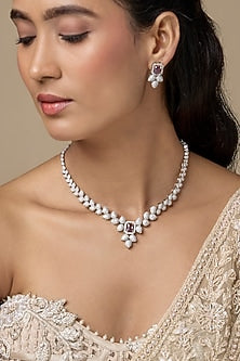 Silver Finish Emerald Stone & Zircon Long Necklace Set