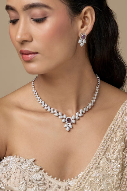Silver Finish Emerald Stone & Zircon Long Necklace Set
