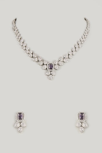 Silver Finish Emerald Stone & Zircon Long Necklace Set