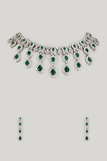 Silver Finish Emerald & Zircon Choker Necklace Set