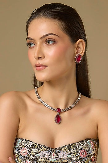 Gold Finis Moissanite & Ruby Long Necklace Set