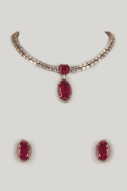 Gold Finis Moissanite & Ruby Long Necklace Set