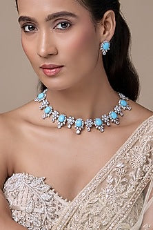 Silver Finish Zircon & Blue Stone Choker Necklace Set