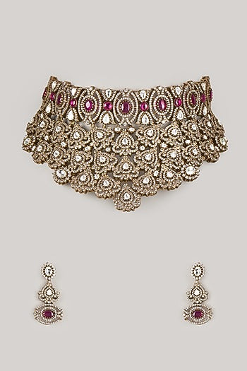 Gold Finish Kundan Polki & Ruby Stone Choker Necklace Set