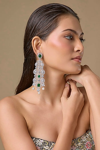 Silver Finish Emerald & Zircon Dangler Earrings