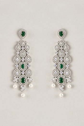 Silver Finish Emerald & Zircon Dangler Earrings