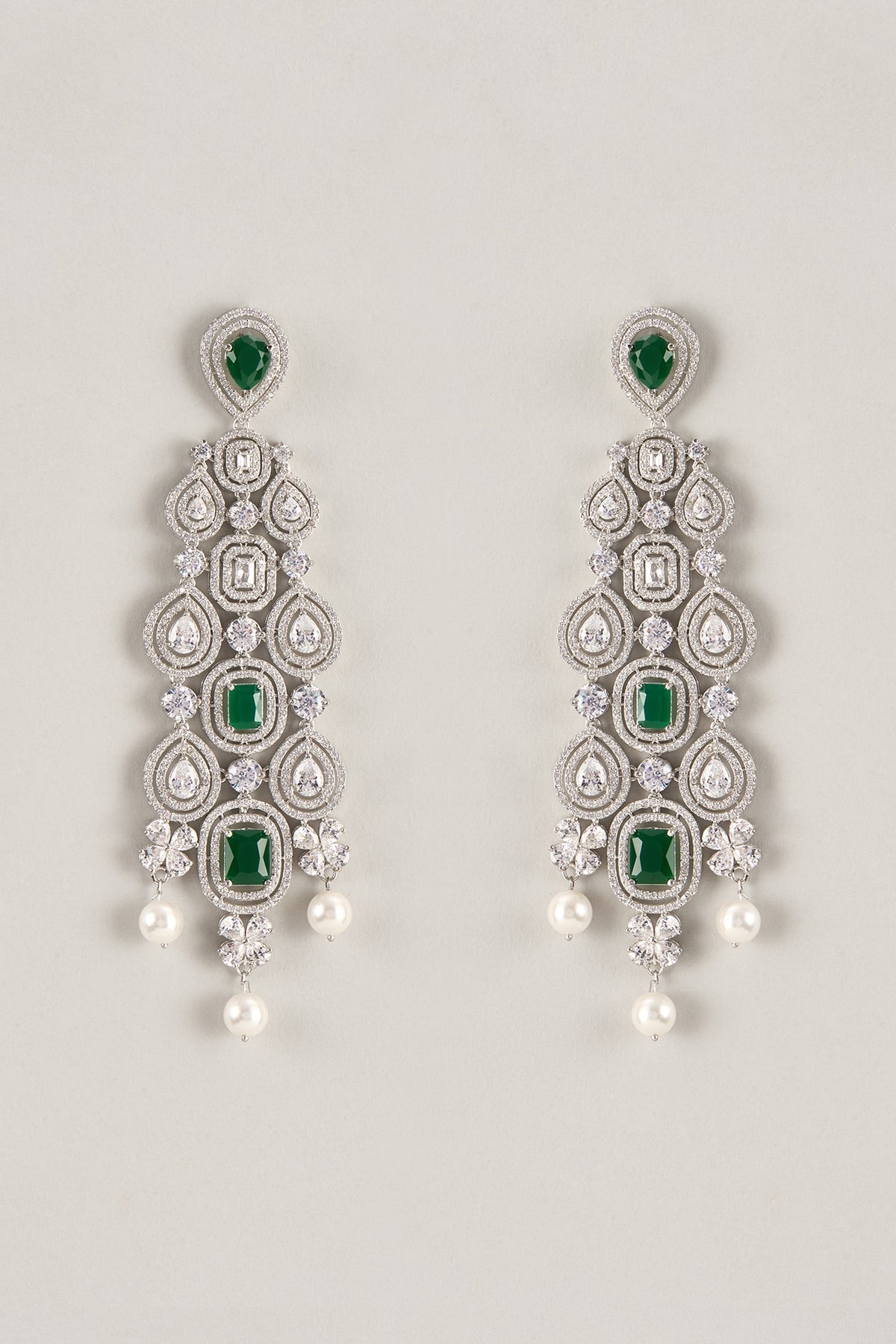 Silver Finish Emerald & Zircon Dangler Earrings