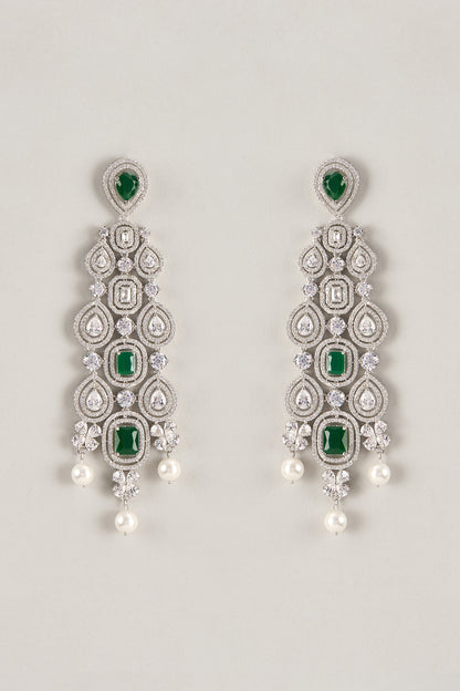 Silver Finish Emerald & Zircon Dangler Earrings