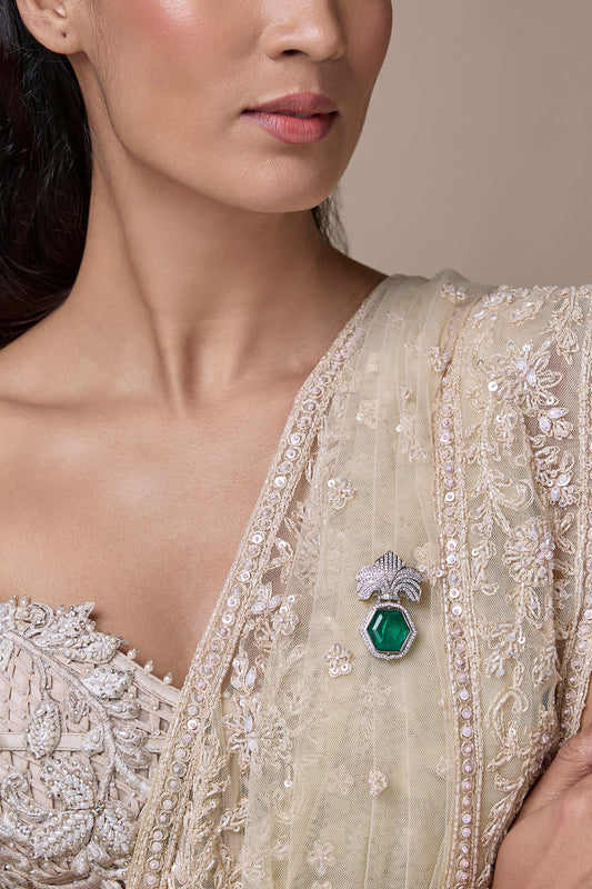 Silver Finish Zircon & Emerald Brooch