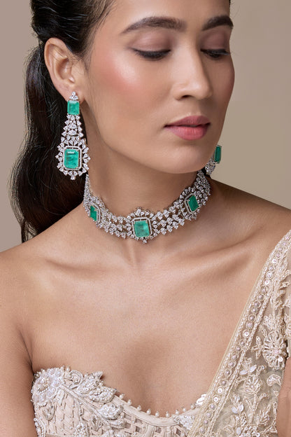 Silver Finish Zircon & Turquoise Stone Choker Necklace Set