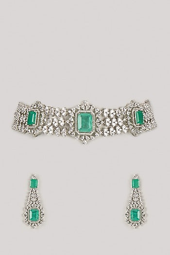 Silver Finish Zircon & Turquoise Stone Choker Necklace Set