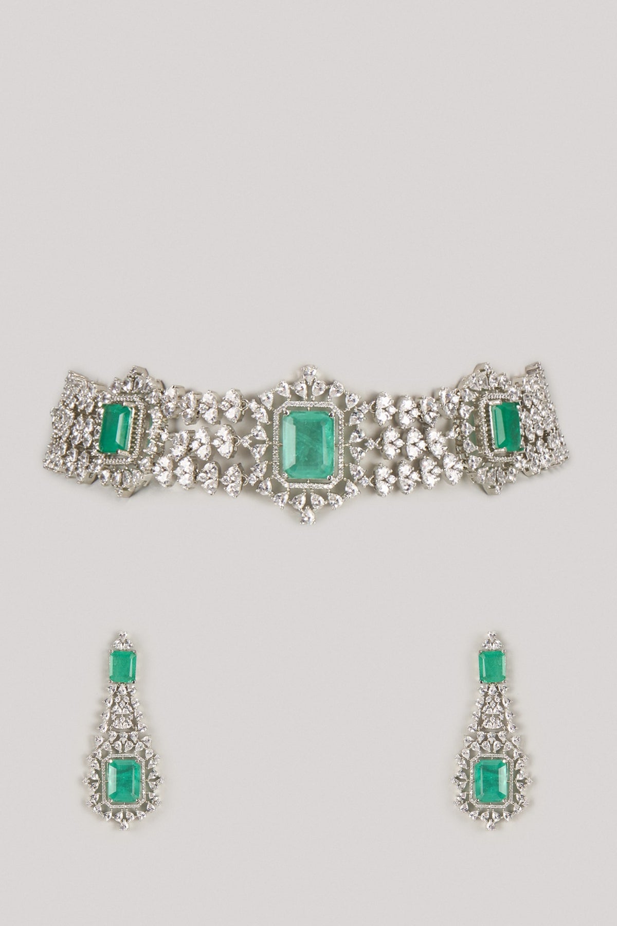 Silver Finish Zircon & Turquoise Stone Choker Necklace Set