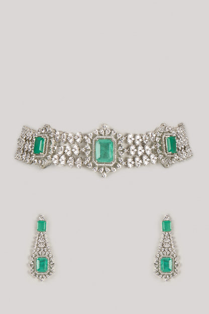 Silver Finish Zircon & Turquoise Stone Choker Necklace Set