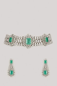 Silver Finish Zircon & Turquoise Stone Choker Necklace Set